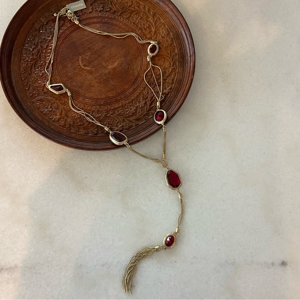 Chico’s Clover Y Neck Garnet Tassel Long Necklace Antique Gold NWT